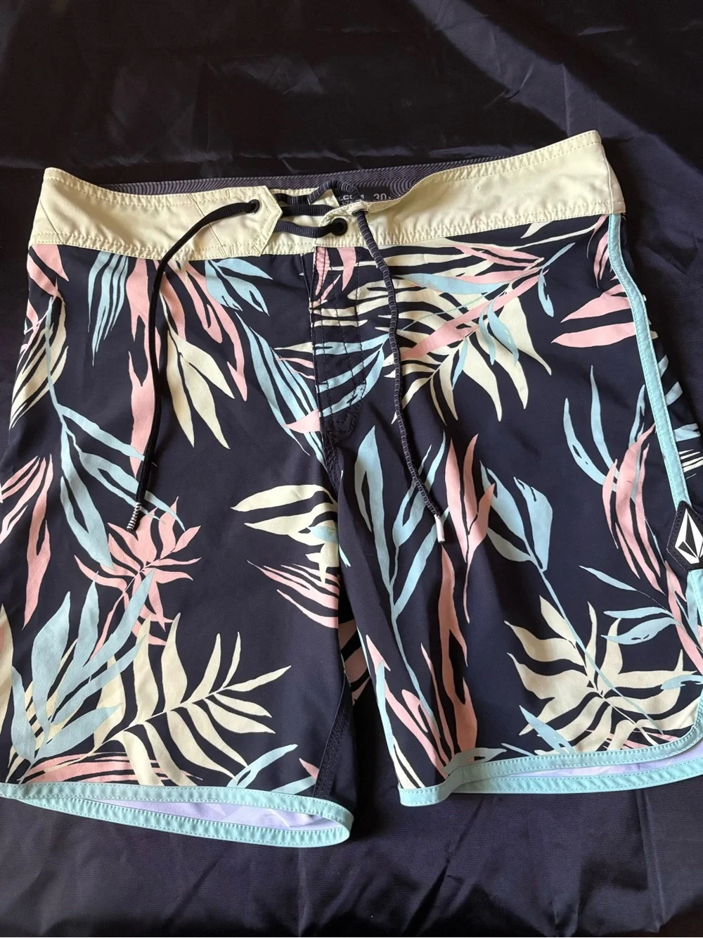 Volcom Navy Floral Swim Trunks with Pastel Leaves